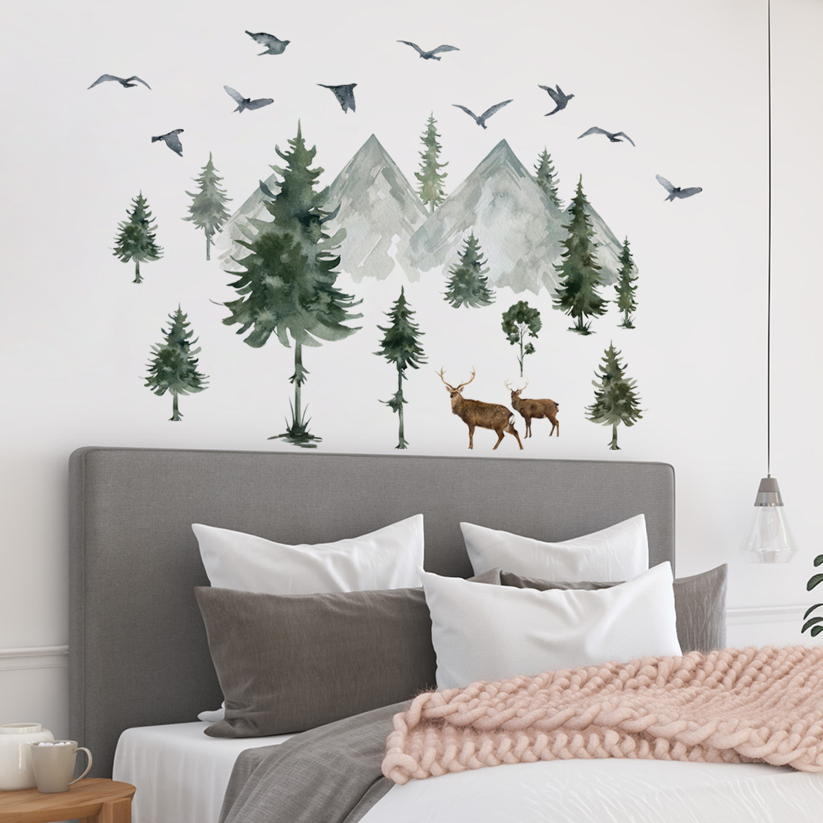 Watercolor painting of mountains rivers and forests Wall Sticker Deep Mountain Elk Decals Living Room Decorative Wallpaper