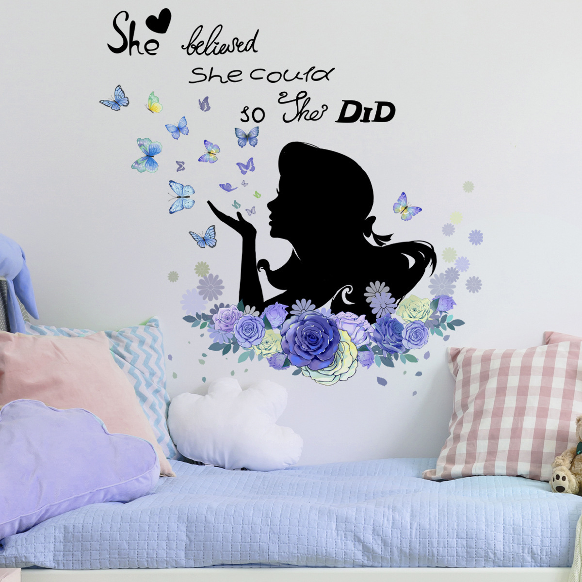 Purple Flower Blue Butterflies Girl Silhouette Mural Self Adhesive Bedroom Decals Living Room Wallpaper Decorative Home Decor