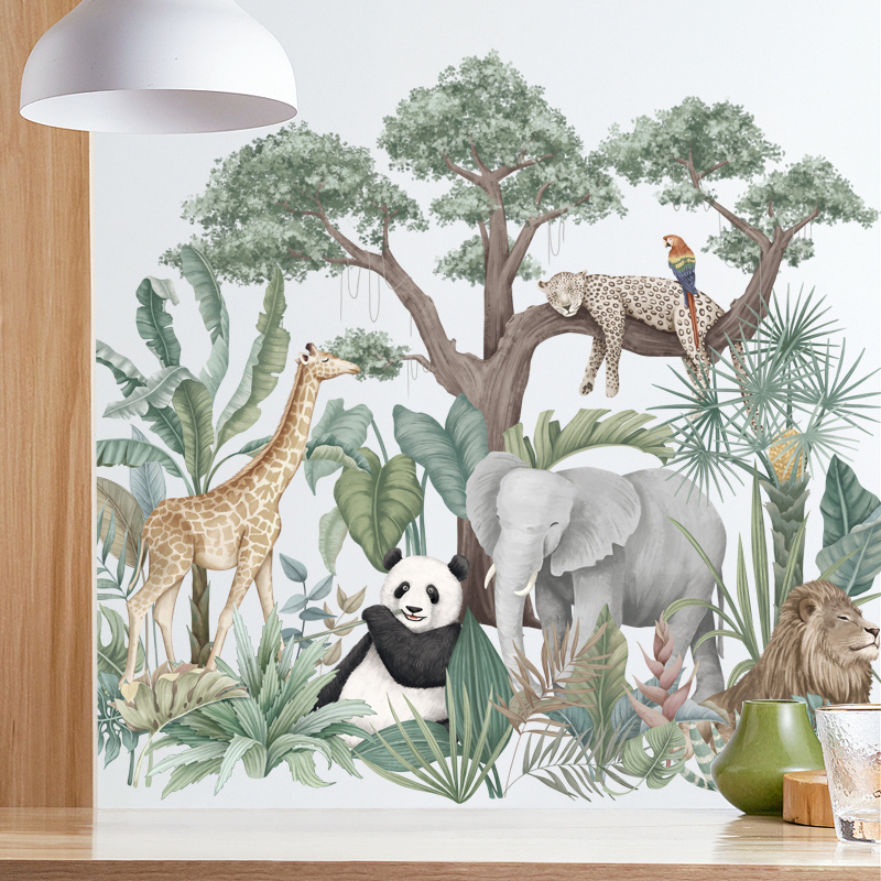 New Design Jungle Wall Sticker Elephant Lion Panda Murals Living Room Decorative Wallpaper Self Adhesive TV Background Decals