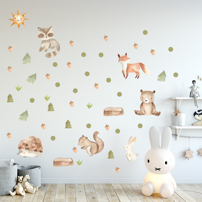 Cute Forest Animals Wall Sticker Cartoon Fox Bear Squirrel Hedgehog Wallpaper For Kid's Bedroom Kindergarten Creative Wall Decal