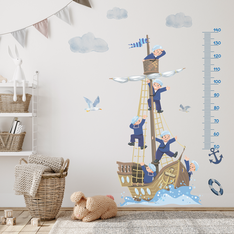 Sailboat Sailor Sticker Creative Kid's Height Wallpaper Self Adhesive Children Living Room Decorative Mural TV Background Decal