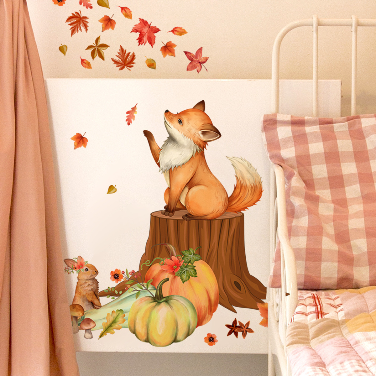 Cartoon Fox Squirrel Wall Sticker Cartoon animal pumpkin Decals Living Room Decorative Wallpaper