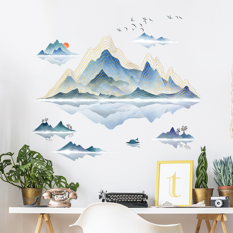 Chinoiserie elegant mountain and water painting Wall Sticker Chinoiserie ink painting Decals  Living Room Decorative Wallpaper