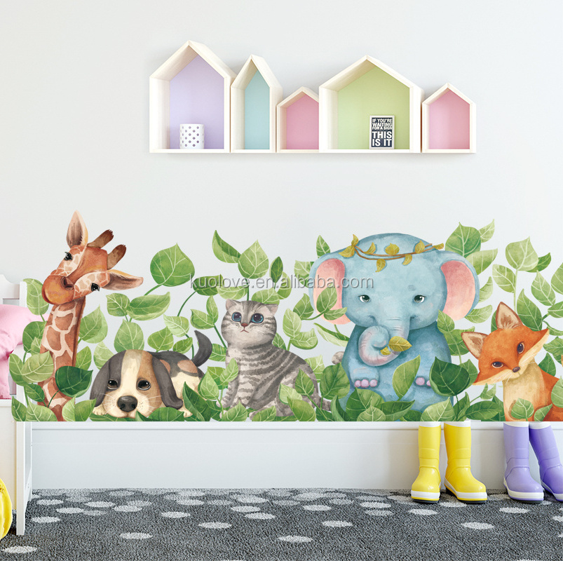 Cartoon Animal With Green Plant Leaves Wallpaper Fox Cat Dog Elephant Wall Sticker For Kindergarten Kid's Room Decor Wall Decal