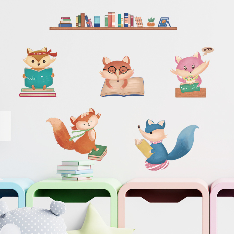 Cartoon Fox Wall Sticker Self Adhesive Fox Reading Bedroom Decals Creative Kid's Living Room Decorative Wallpaper