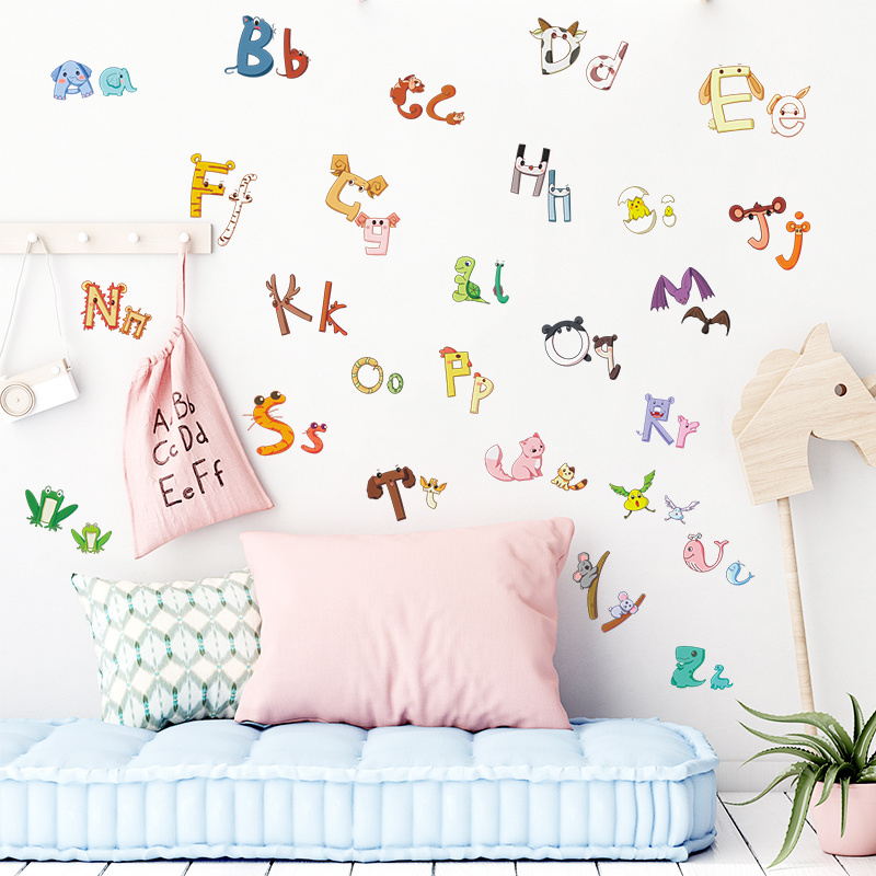 Cartoon Alphabet Wall Stickers Cute Animals Alphabets Decals Creative Kid's Bedroom Wallpapers Children's Decorative Murals