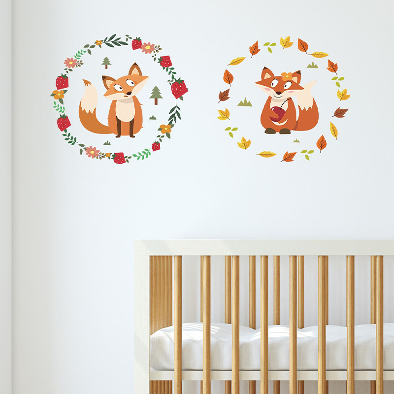 Cartoon little fox garland PVC wallpaper children's bedroom living room home decoration wall stickers self-adhesive stickers