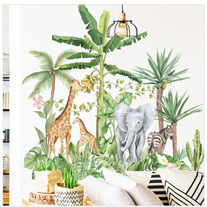 Green Tropical Plant Stickers Cartoon Elephant Giraffe Zebra Wallpaper For Kid's Bedroom Living Room Decorative Wall Decal