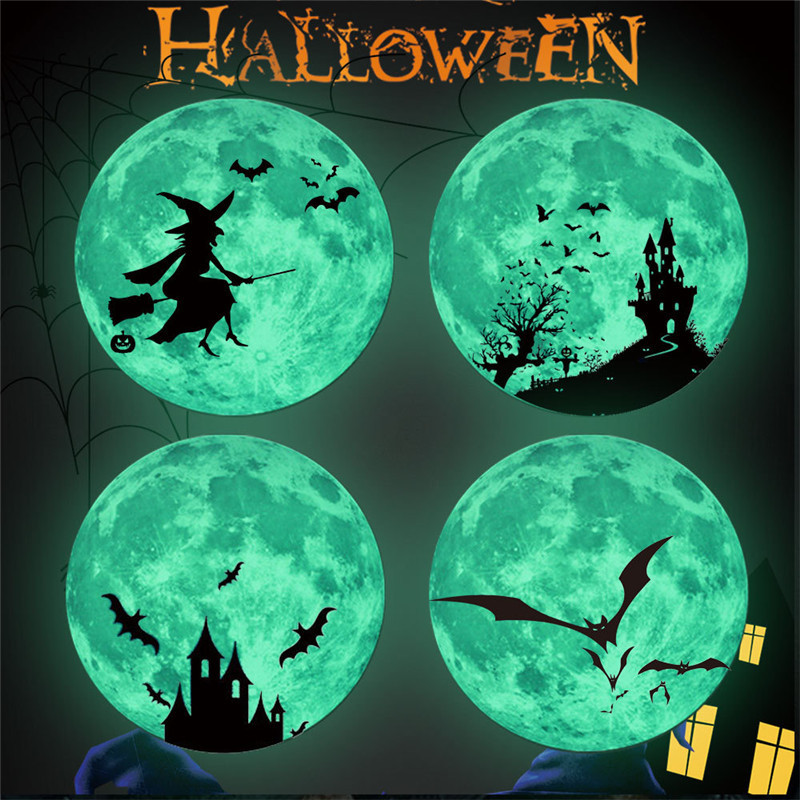 Halloween Luminous Sticker Witch Bat Moon Fluorescent Wall Mural Glowing In The Dark Wall Decal Children's Room Decor Wallpaper