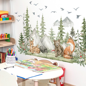 Mountains rivers trees forests Wall Sticker Cartoon Forest Animals Decals Living Room Decorative Wallpaper