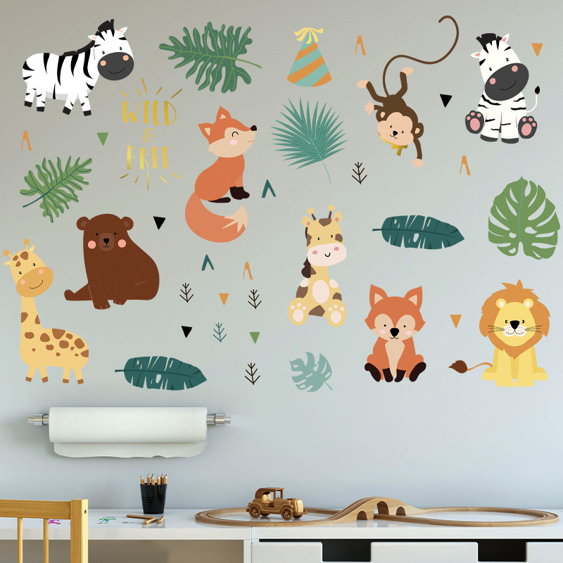 Forest Animals Wall Sticker Cartoon Fox Monkey Lion Bedroom Wallpaper Self Adhesive TV Background Decal Living Room Mural