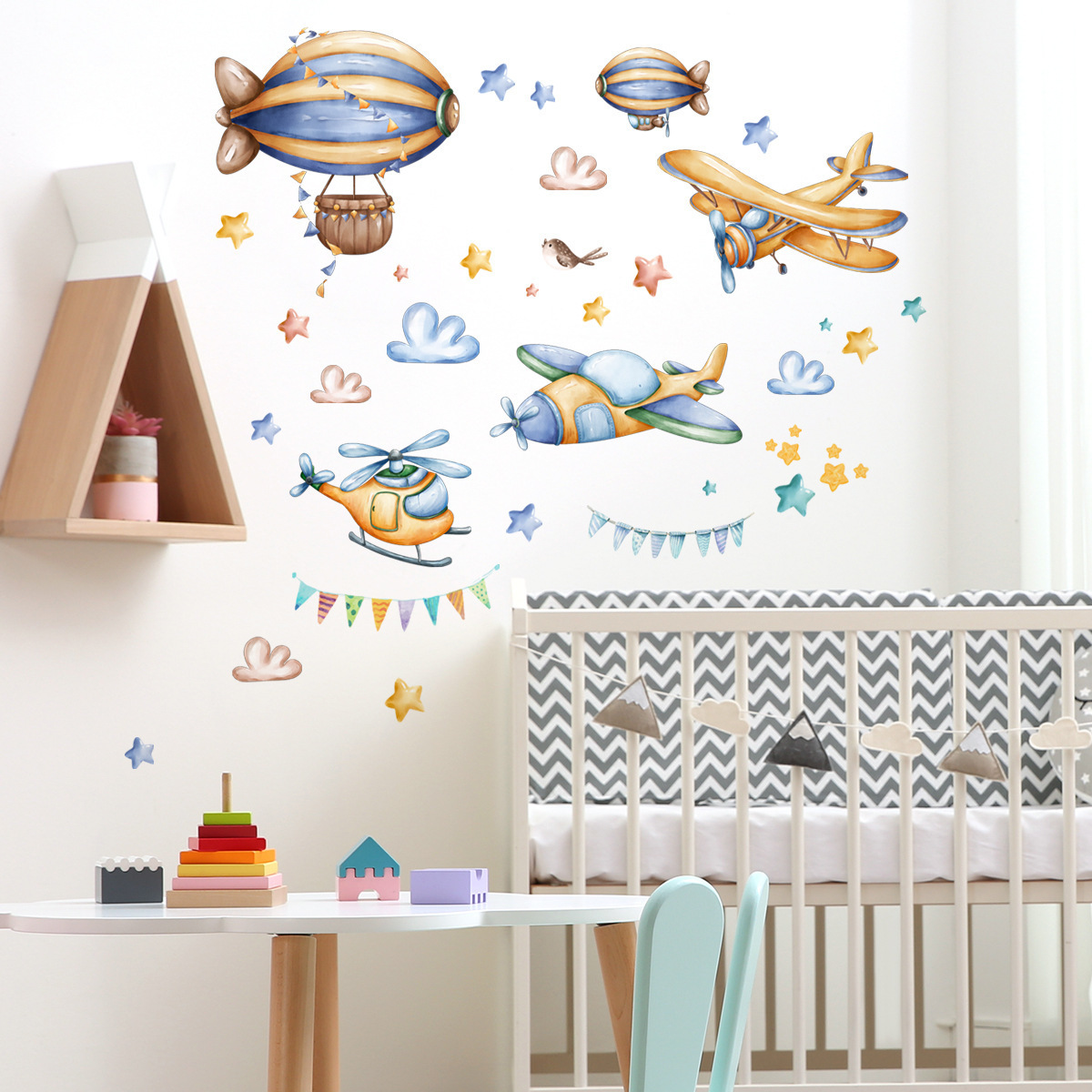 Cartoon old-fashioned airplane hot air balloon Wall Sticker Clouds stars flags Decals Living Room Decorative Wallpaper