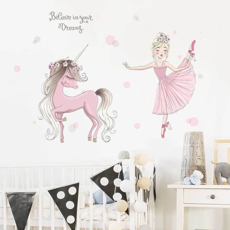 Little Ballet Princess Wallpaper Pink Unicorn With Wreath Stickers Dreamlike Bedroom Home Decoration Girl's Room Wall Decal