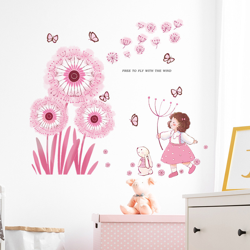 Pink Dandelion Butterfly Wall Sticker Cartoon Girl Rabbit Decals Creative Kid's Living Room Decorative Wallpaper