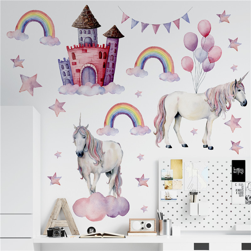 Two White Horse Unicorn Wall Sticker Pink Balloons Stars Rainbow Castle Wall Decal For Girl's Living Room Bedroom Wallpaper