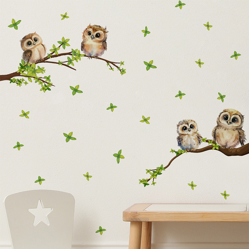 Painted Owl Wall Sticker Cartoon green plant branches and leaves Decals Living Room Decorative Wallpaper