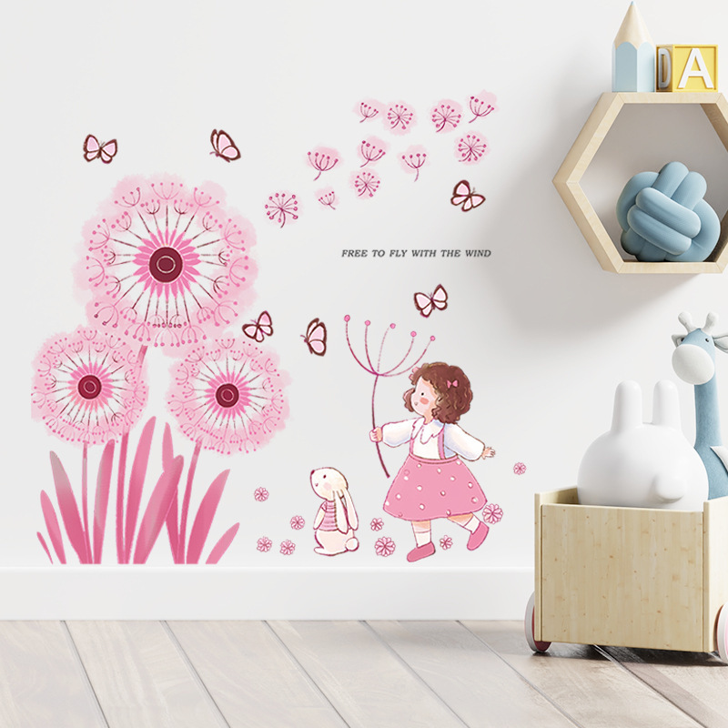 Pink Dandelion Butterfly Wall Sticker Cartoon Girl Rabbit Decals Creative Kid's Living Room Decorative Wallpaper