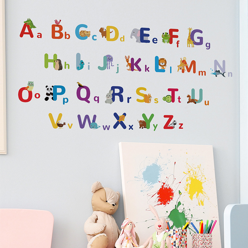 Cartoon animals Wall Sticker 26 large and small English letters Decals Living Room Decorative Wallpaper