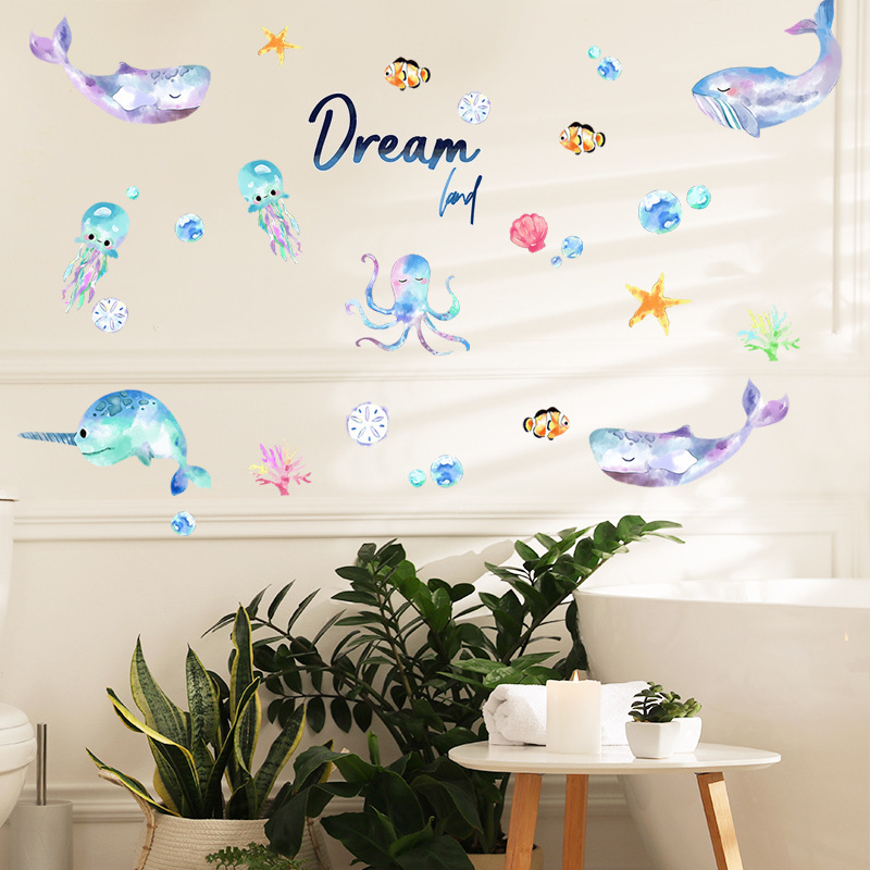 Fantastic Underwater World Wall Sticker Cartoon jellyfish fish Decals  Living Room Decorative Wallpaper