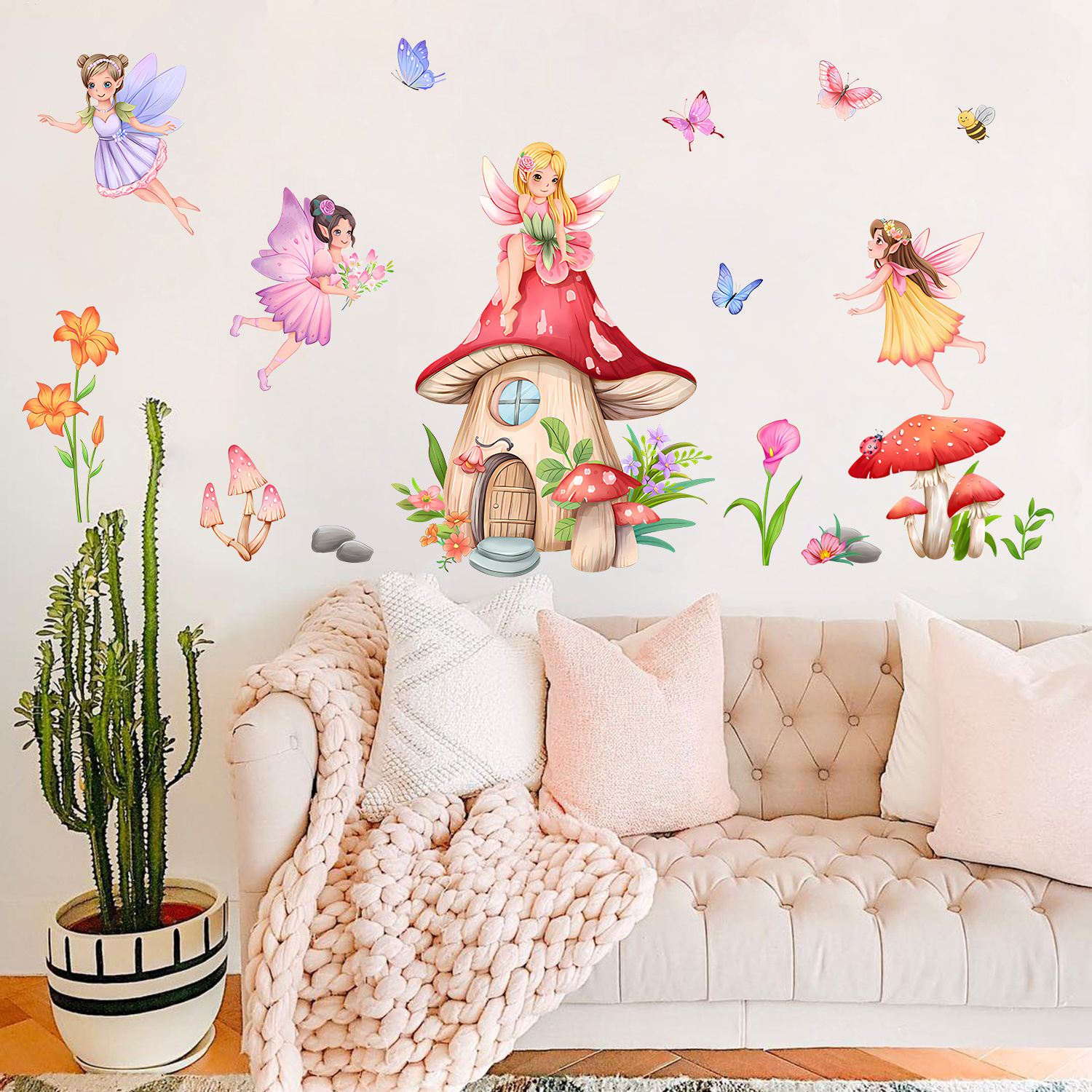 Cartoon mushroom house fairy flower wall stickers Children's bedroom living room decoration wallpaper self-adhesive stickers