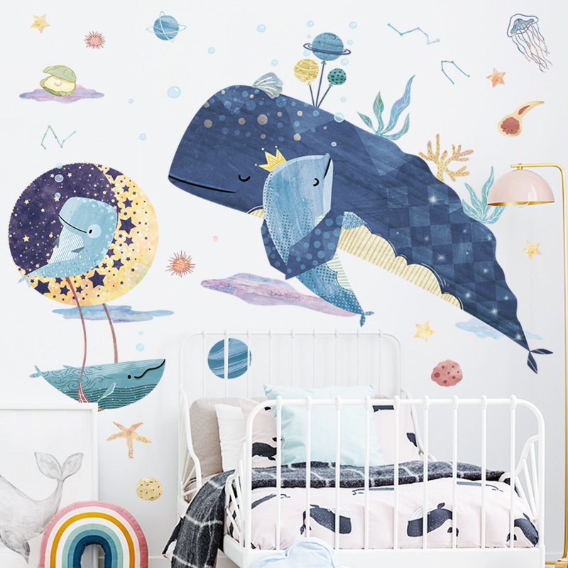 Blue Whale Stickers For Room Wall Creative Planets Decor Removable TV Sofa Background Wallpaper Kid's Bedroom Wall Decal