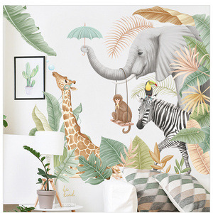 Hot Sales Jungle Animal Wall Sticker Elephant Giraffe Zebra Cartoon Wallpaper Creative Kid's Bedroom Decals Self Adhesive Murals