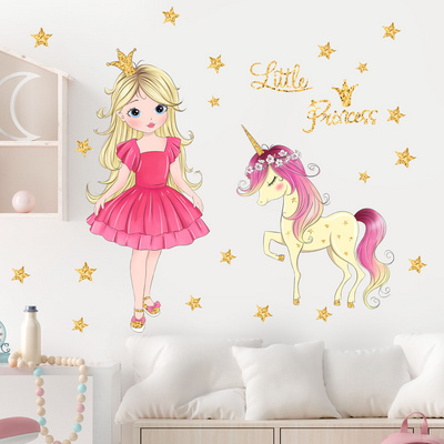 Gold Stars Pink Princess wildebeest wall stickers Living room children's bedroom decorative wallpaper self-adhesive stickers