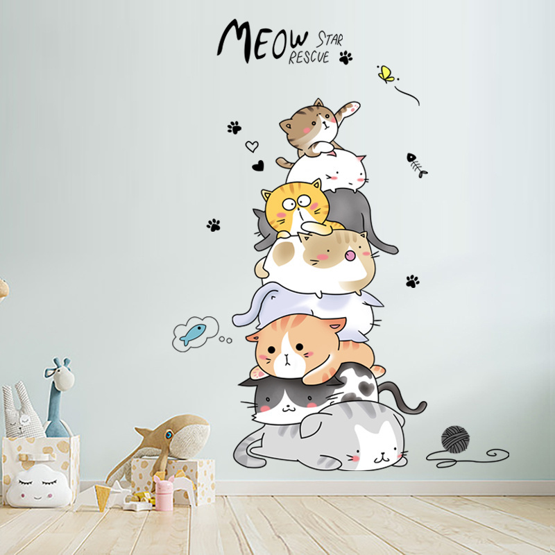 Cartoon Cats Wall Stickers Kid's Bedroom Decals Children Living Room Decorative Wallpaper Self Adhesive TV Background Mural