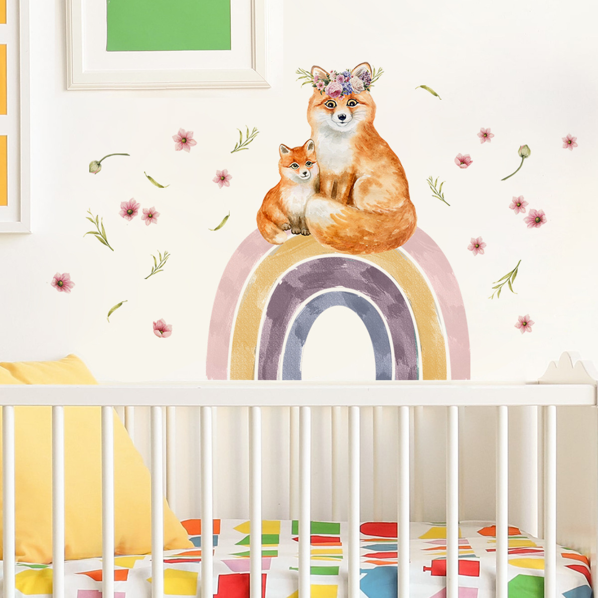 Fox Rainbow Flowers  Wall Sticker Self-adhesive And Removable Wallpaper Living Room Decals