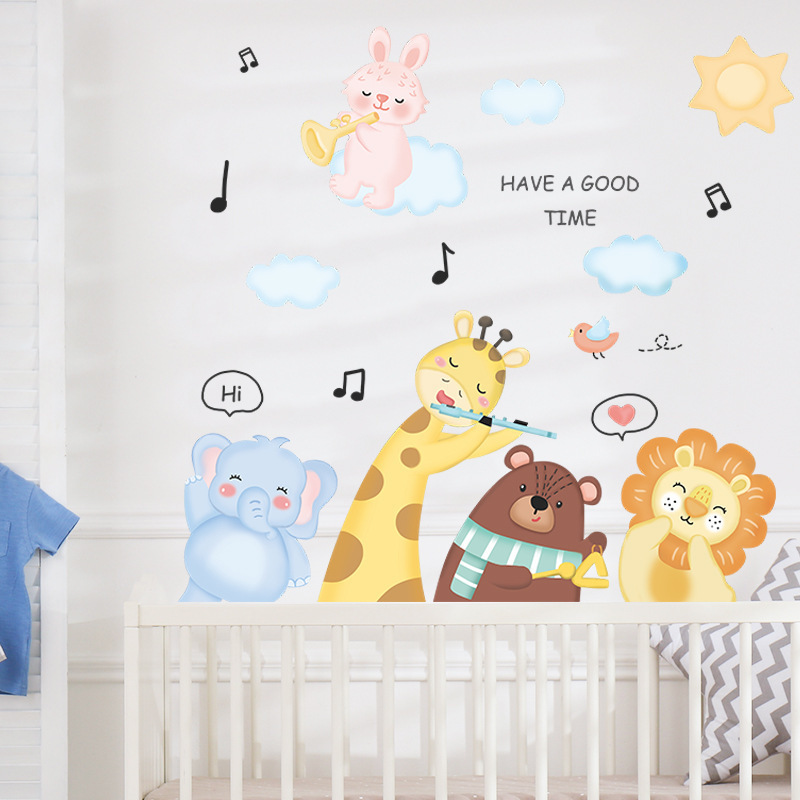 Cartoon Animal Combination Wall Sticker Animal group music performance Decals  Living Room Decorative Wallpaper