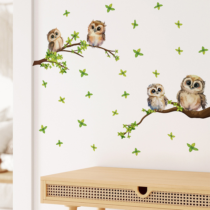 Painted Owl Wall Sticker Cartoon green plant branches and leaves Decals Living Room Decorative Wallpaper