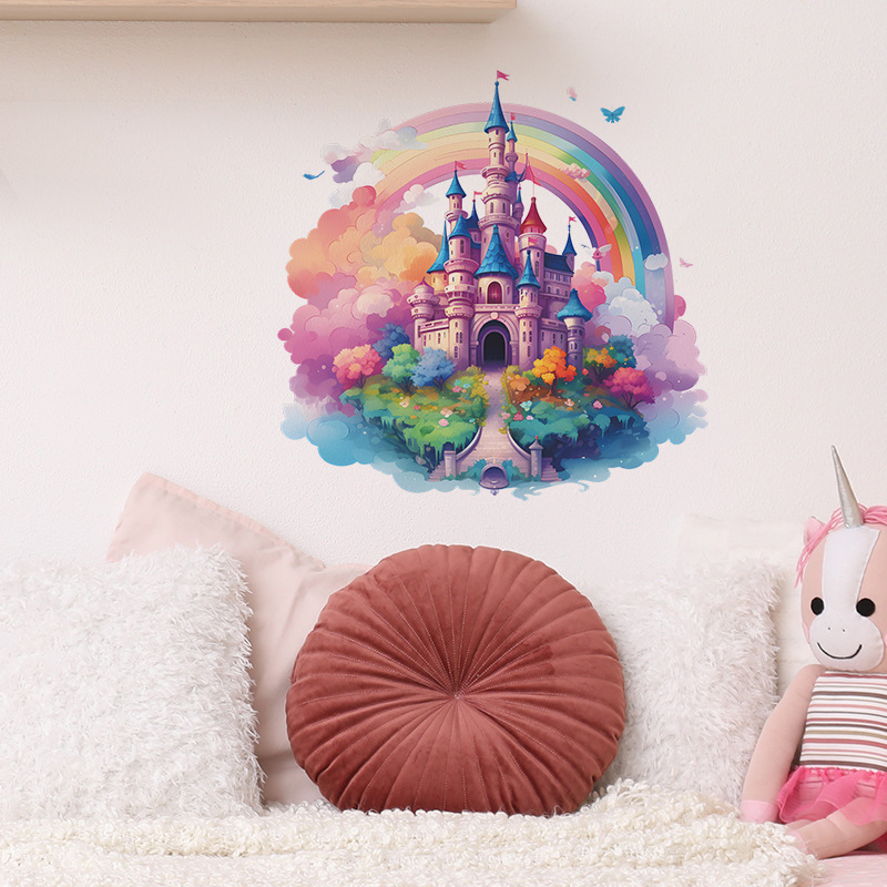 Cartoon painted castle Wall Sticker Dream Rainbow Castle Decals Living Room Decorative Wallpaper