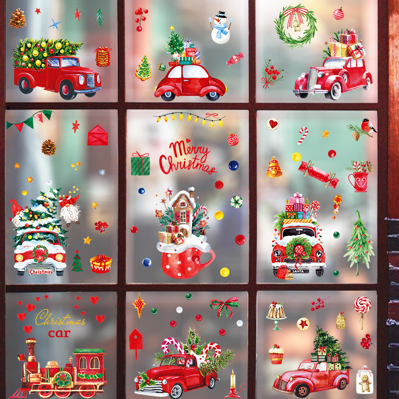 Hot Sale Christmas Party Sticker Red Cars Xmas Tree Decorative Wallpaper Self Adhesive Festival Supply Window Wall Decal