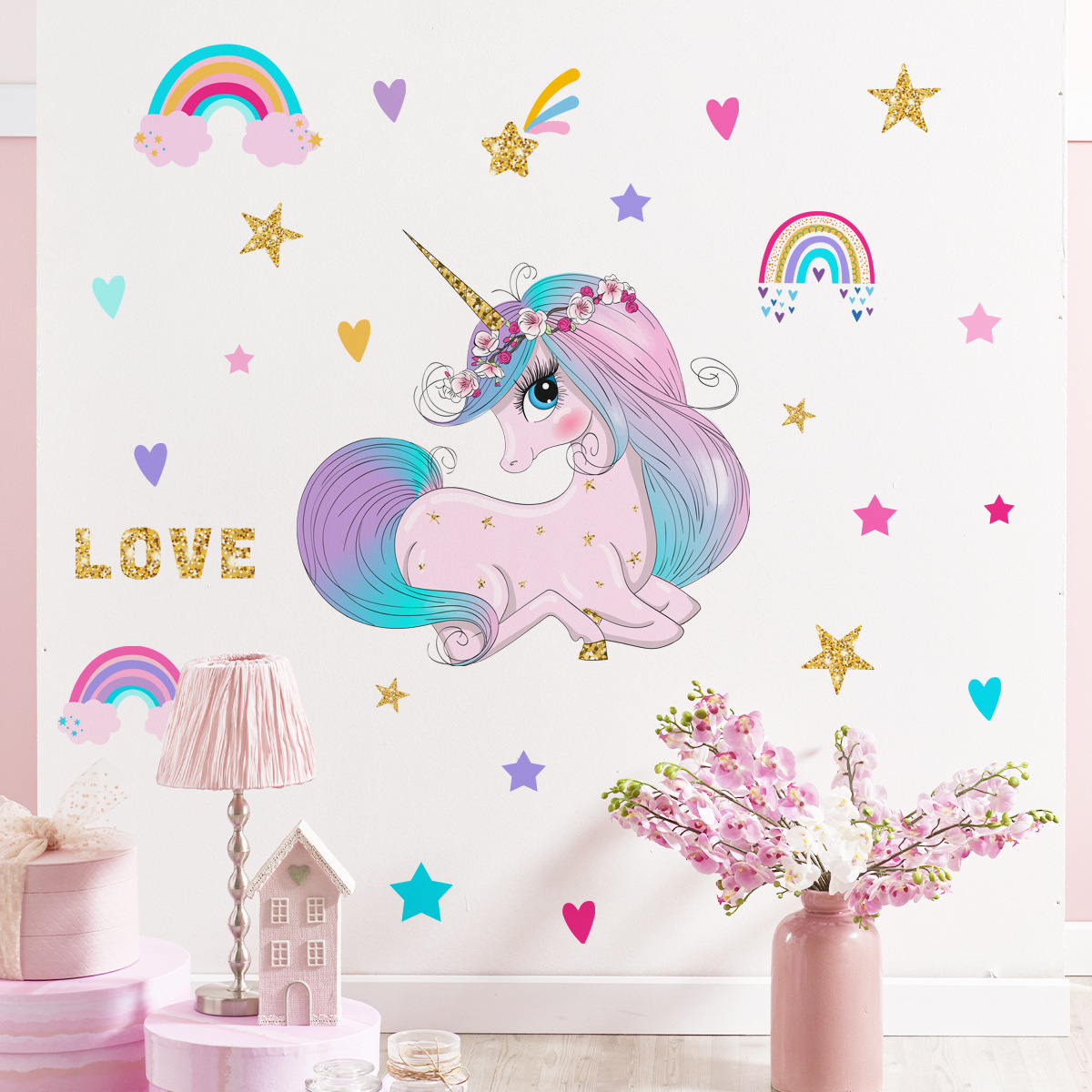 Cartoon Unicorn Wall Sticker Rainbow Stars Decals Living Room Decorative Wallpaper