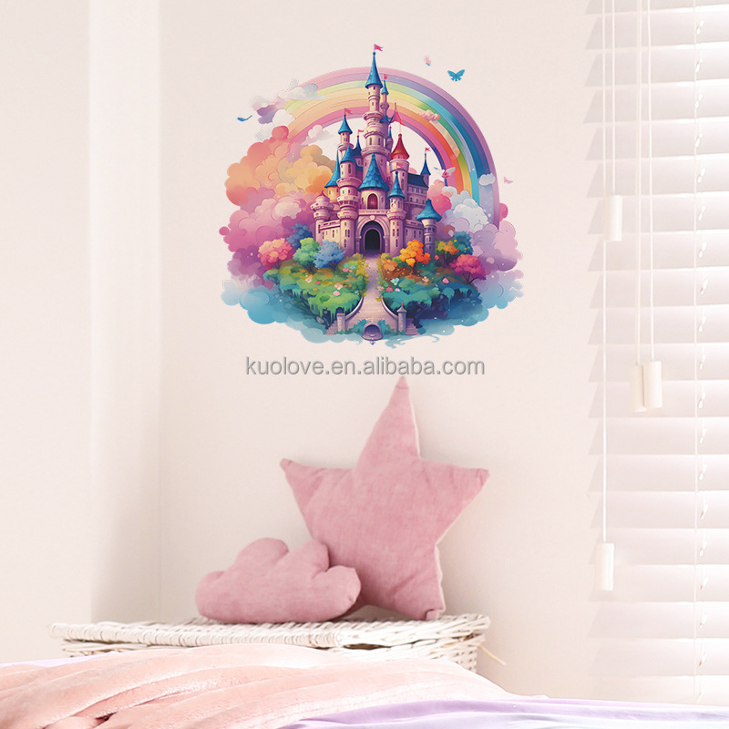 Cartoon painted castle Wall Sticker Dream Rainbow Castle Decals Living Room Decorative Wallpaper