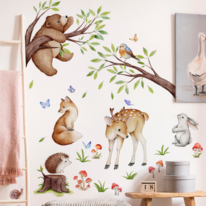 Forest Animal Gathering Wall Sticker Cartoon Bear Deer Rabbit Fox Decals Living Room Decorative Wallpaper