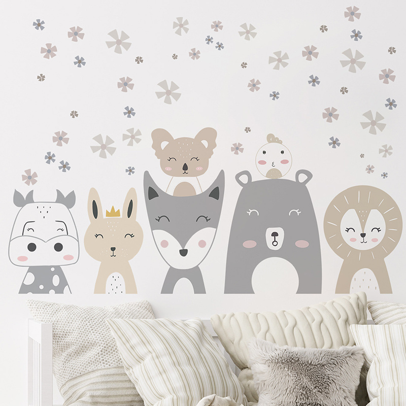 Animals Cartoon Stickers Bear Fox Rabbit Decals Creative Flowers Bedroom Wallpaper Self Adhesive Living Room Decorative Murals