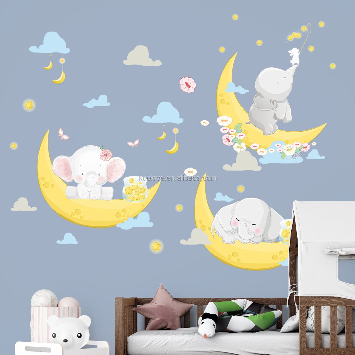 Cartoon Calf Elephant With The Moon Wall Sticker White Blue Clouds Wallpaper For Kid's Room Warm Bedroom Home Decor Wall Decal