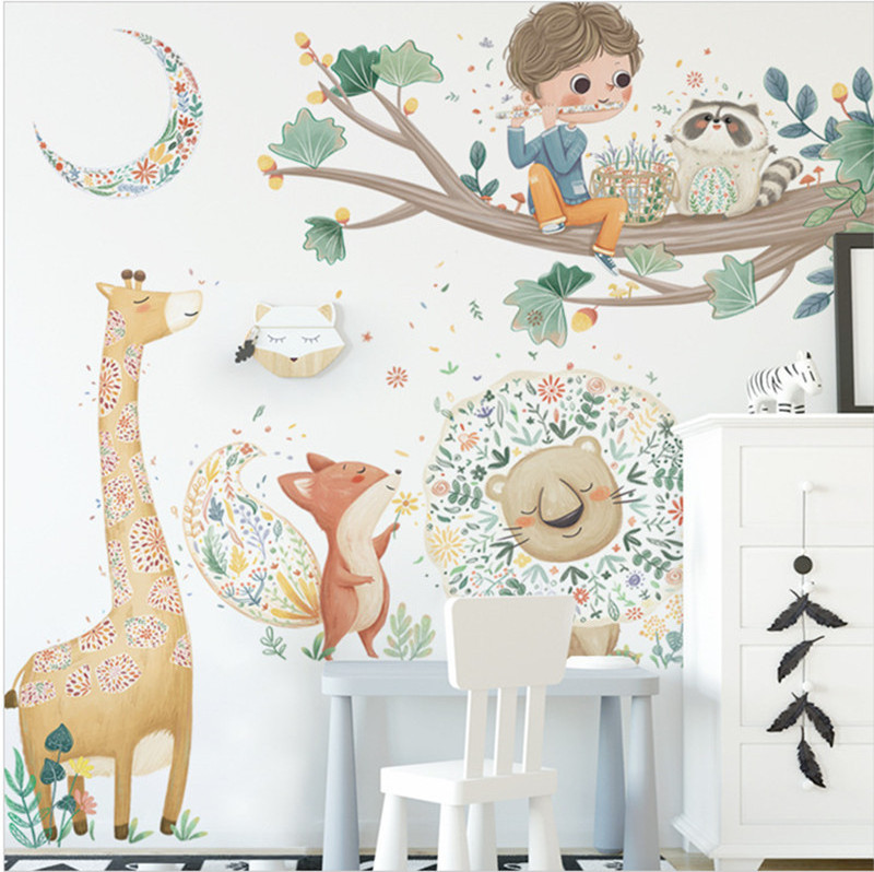 Cute Boy With Giraffe Fox Lion Wallpaper Removable Kid's Bedroom Decoration Children's Living Room Stickers Cartoon Home Decor