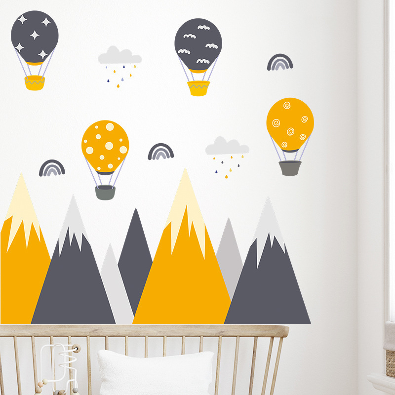 Cartoon Personality Peak Wall Sticker Personalized mountain Hot air balloon Decals Living Room Decorative Wallpaper