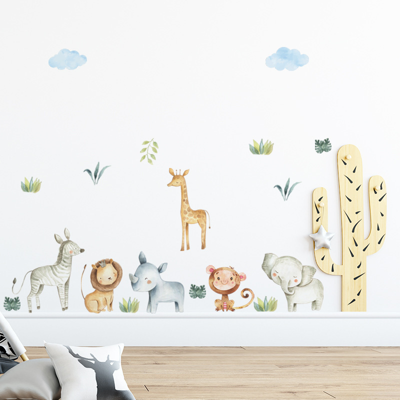 Cartoon Animals Wall Decal Jungle Lion Giraffe Height Stickers Cute Wallpaper For Kid's Bedroom Creative Nursery Wall Decor