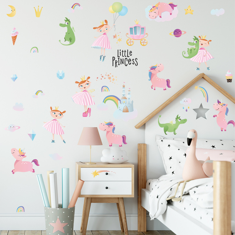 Little Ballet Princess Wallpaper Pink Unicorn With Wreath Stickers Dreamlike Bedroom Home Decoration Girl's Room Wall Decal