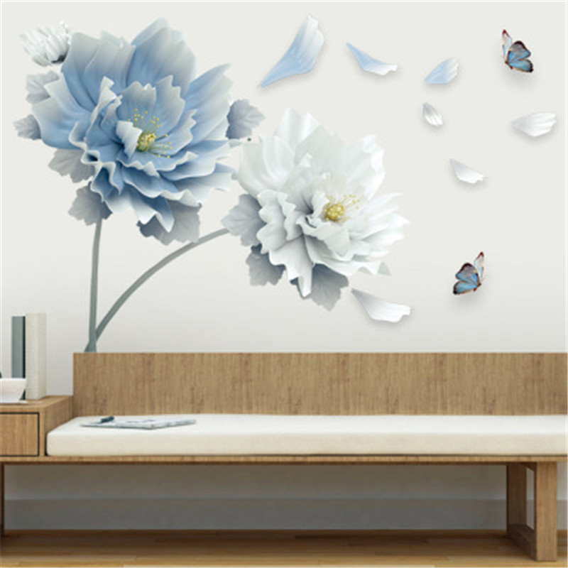 Light Blue And White Flowers Stickers For Room Wall Cute Butterfly Wallpaper For Living Room Creative TV Background Wall Mural