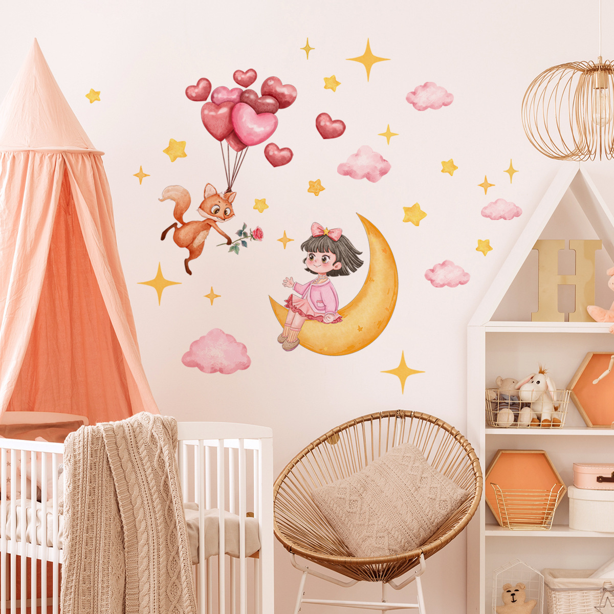 Fox Stars Heart-shaped Balloon Lovely Girl On The Moon Wall Sticker Self-adhesive And Removable Wallpaper