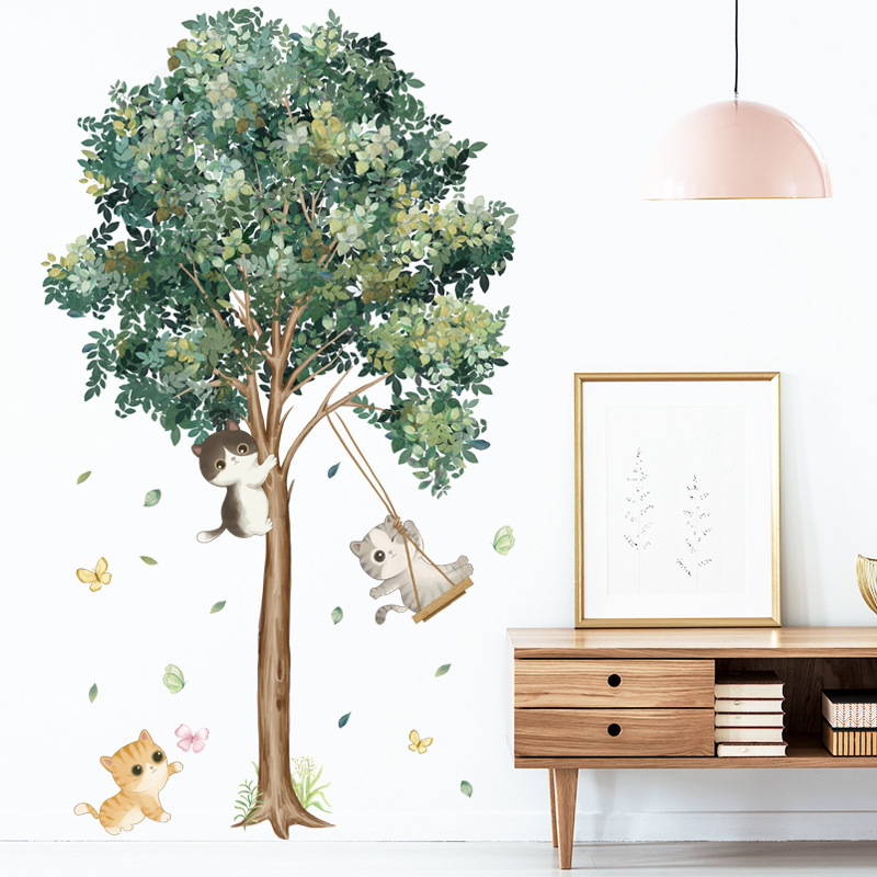 Green Big Tree Wallpaper A Kitten On a Swing Sticker Cute Cats And Butterfly Wall Decal For Kid's Bedroom Children's Room Decor