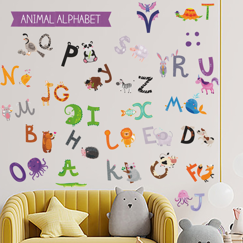 Cartoon Animals Alphabet Stickers Creative Wallpaper For Bedroom Self Adhesive Living Room Decorative Mural TV Background Decal