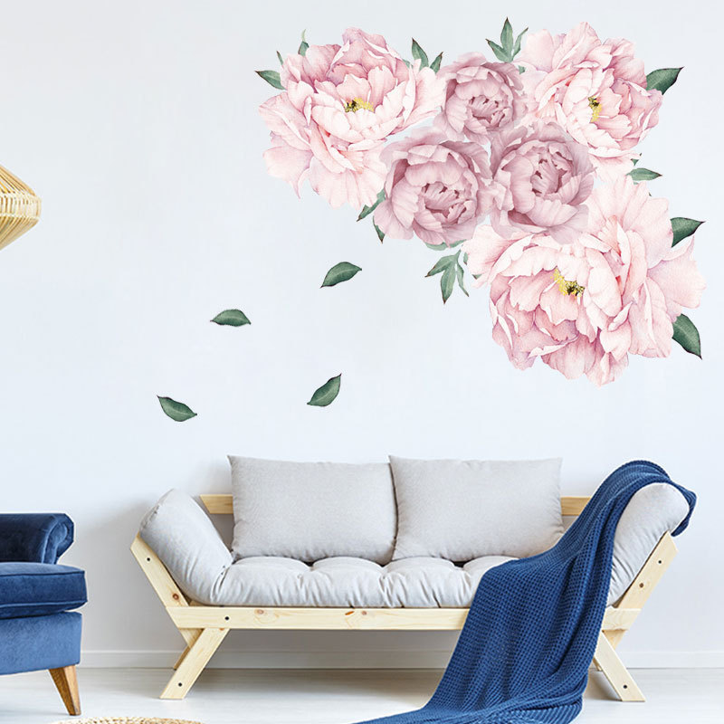 High Quality 3D Dreamlike Pink Peony Flower Wall Stickers Leaves Falling Wallpapers Living Room Home Decoration Wall Decal