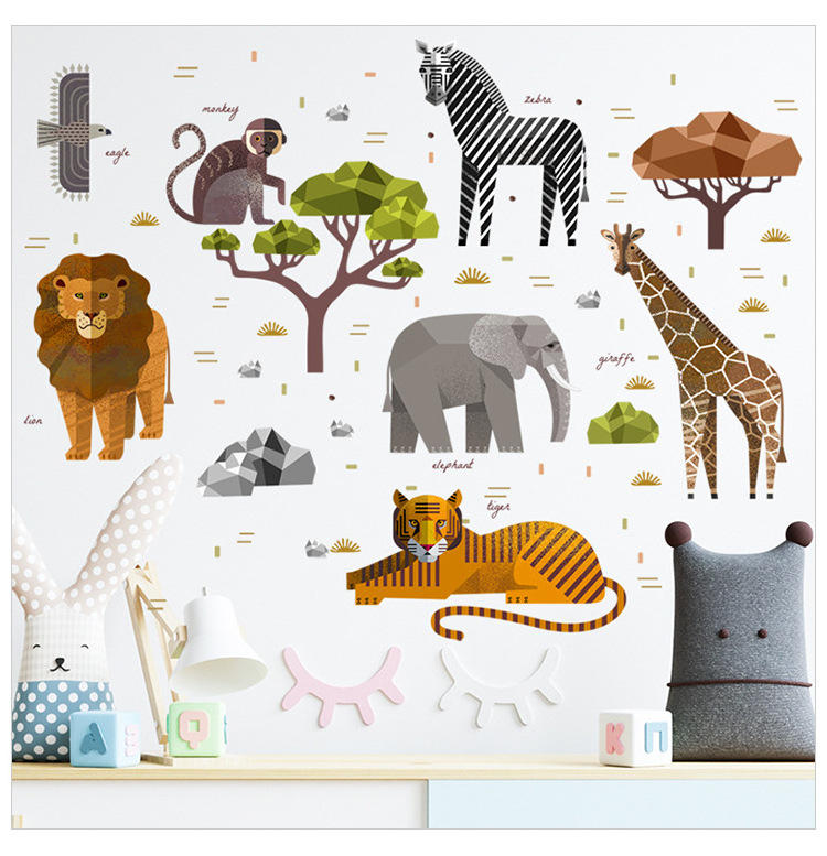 Hot Sales Jungle Animal Wall Sticker Elephant Giraffe Zebra Cartoon Wallpaper Creative Kid's Bedroom Decals Self Adhesive Murals