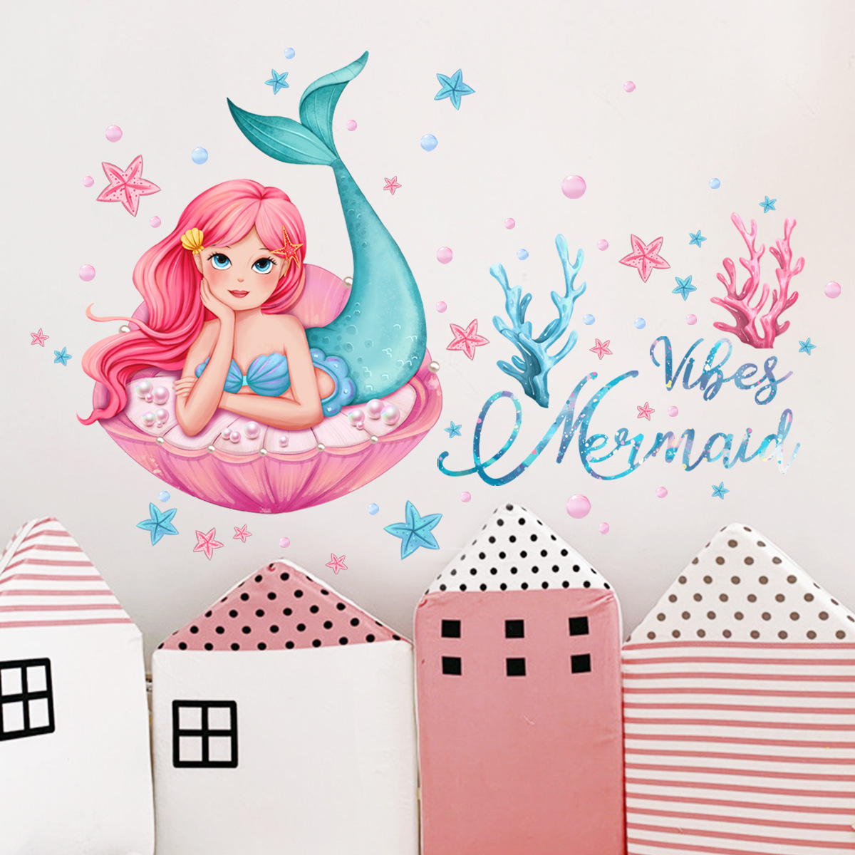 Beautiful Mermaid Wall Sticker Cartoon Shell Coral Decals Living Room Decorative Wallpaper