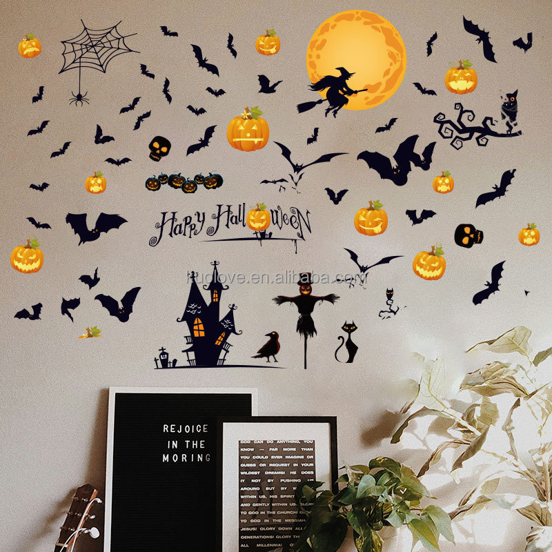 Halloween horror atmosphere pumpkin bat witch wall stickers living room bedroom vitrine decoration wallpaper